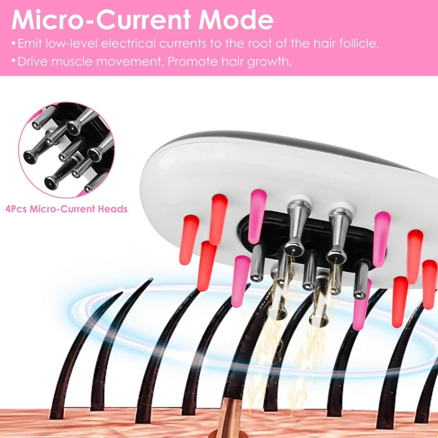 1Pc Electric Scalp Massage Comb Microcurrent Hair Brush Handheld Head Scratcher Massager Hair Oil Applicator With Vibration Micro-Current Mode Red & Blue Light Therapy Oil Applicator